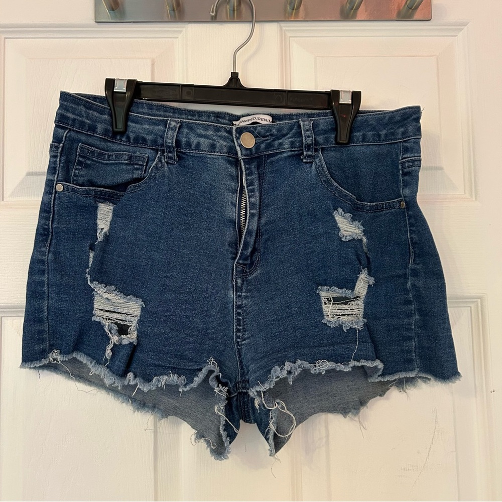 Revamped Blue Jean Shorts Distressed Frayed Hem